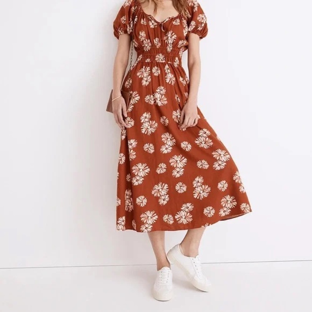 Madewell Linen-Blend Sophia rust colored pattern Midi Dress size 1X